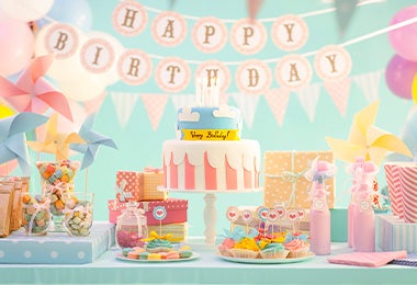 Fiesta con torta de cumpleaños con velas y regalos 