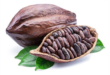 Fruto del chocolate y semillas de cacao sobre unas hojas 