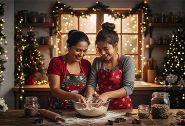 Madre e hija sonrientes preparando juntas un pastel de Navidad, amasando la masa en un tazón de vidrio en una cocina decorada con luces y árboles navideños