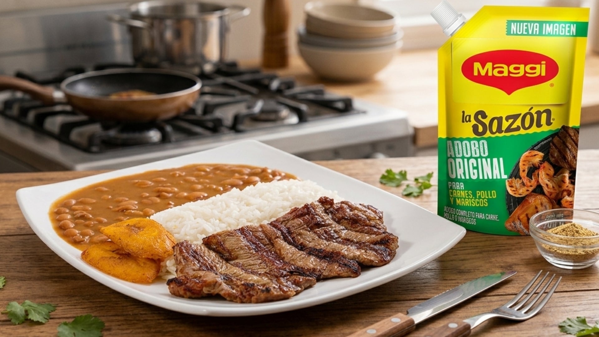 Chuletas de cerdo con arroz y lenteja