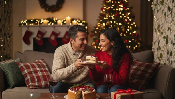 Pareja sonriente compartiendo un pastel de Navidad frente a un árbol iluminado, con copas de vino y regalos sobre la mesa.