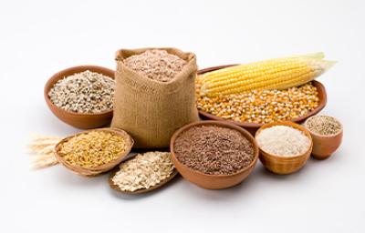 Varios tipos de granos como maíz, arroz, quinoa y diferentes tipos de cereales
