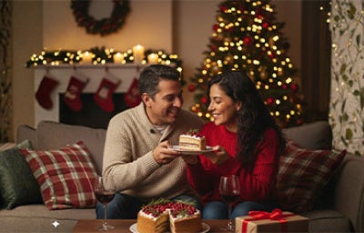 Pareja sonriente compartiendo un pastel de Navidad frente a un árbol iluminado, con copas de vino y regalos sobre la mesa.