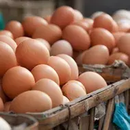 Huevos en un mercado local, sustitutos de huevo.   