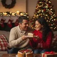 Pareja sonriente compartiendo un pastel de Navidad frente a un árbol iluminado, con copas de vino y regalos sobre la mesa.
