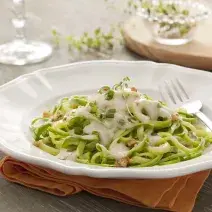 Fotografía en tonos verdes y blancos, en el centro un plato blanco profundo con espaguetis de calabacín verde en el interior con salsa blanca. Debajo del plato hay una servilleta de tela naranja sobre una mesa de madera.
